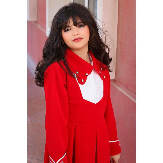 صورة فستان بناتي مخمل أحمر بياقة مرصعة | فستان شتوي كلاسيكي - M3776